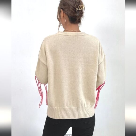 Romwe Heart Pattern Fringe Trim Drop Shoulder Sweater Sz Small - Picture 13 of 13